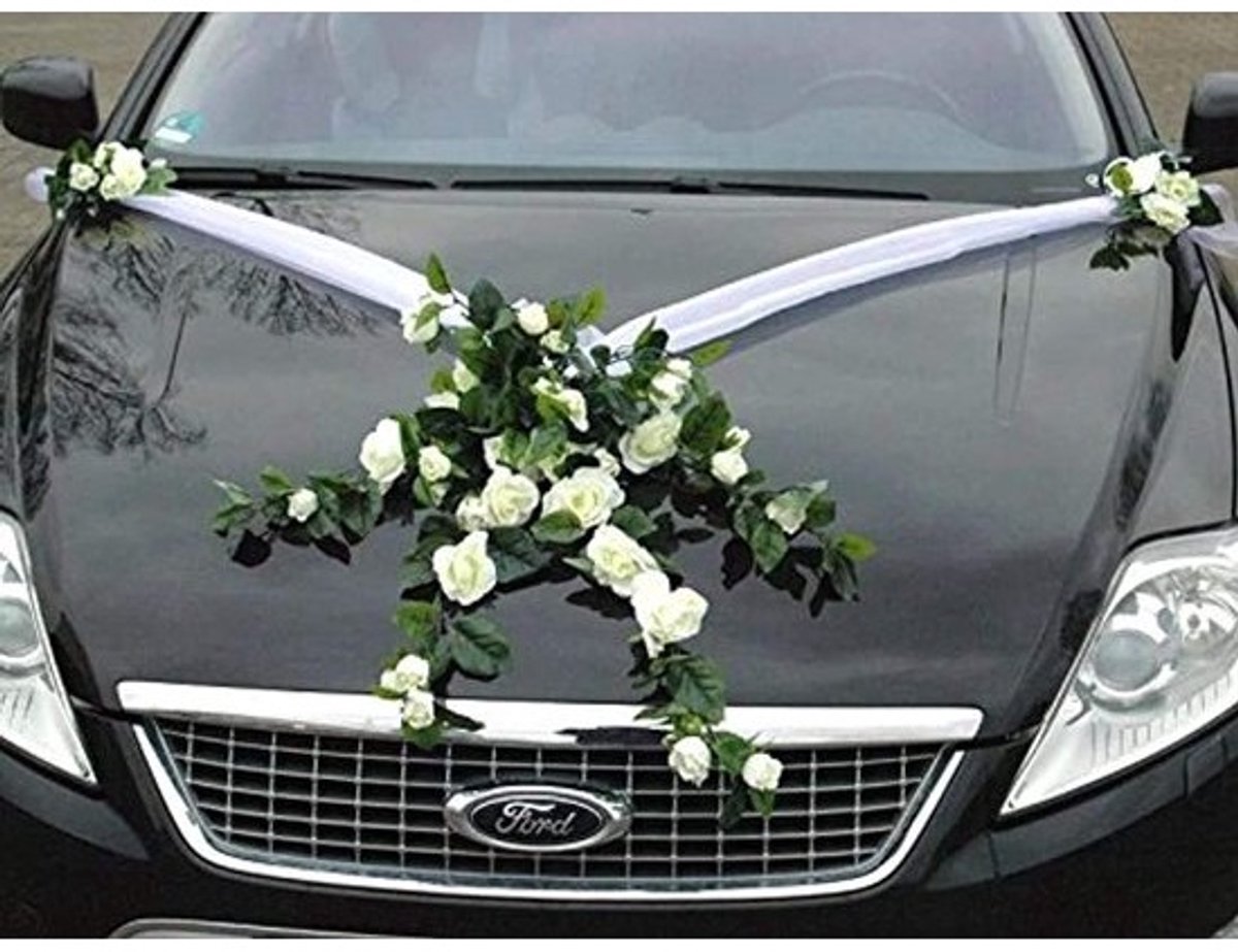 Creatieve Auto Versiering voor Bruiloft - Rozen Boeket met Organza Slingers - Universeel en Veilig
