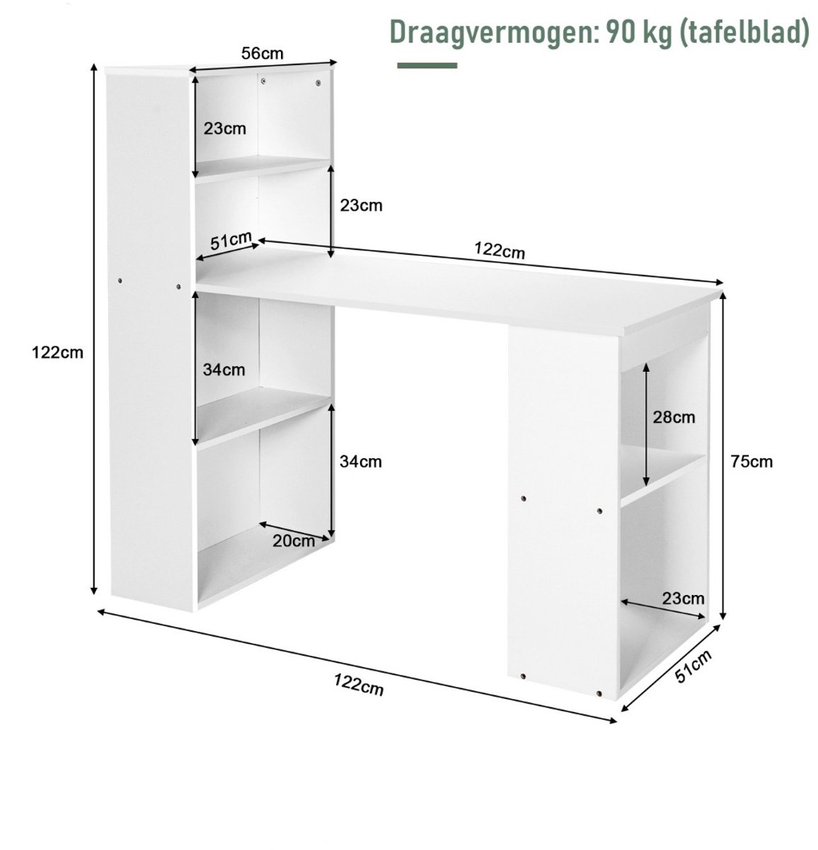 SureDeal® - Bureau - Computerbureau - Boekenkast Compact - Laags Opbergplanken Omkeerbaar - Brede Basis Wit - 122x56x122 cm - Wit