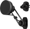 Zwarte MagicMount Qi2 3-in-1 telefoonhouder met verstelbare arm en ventilatieroosterclip.