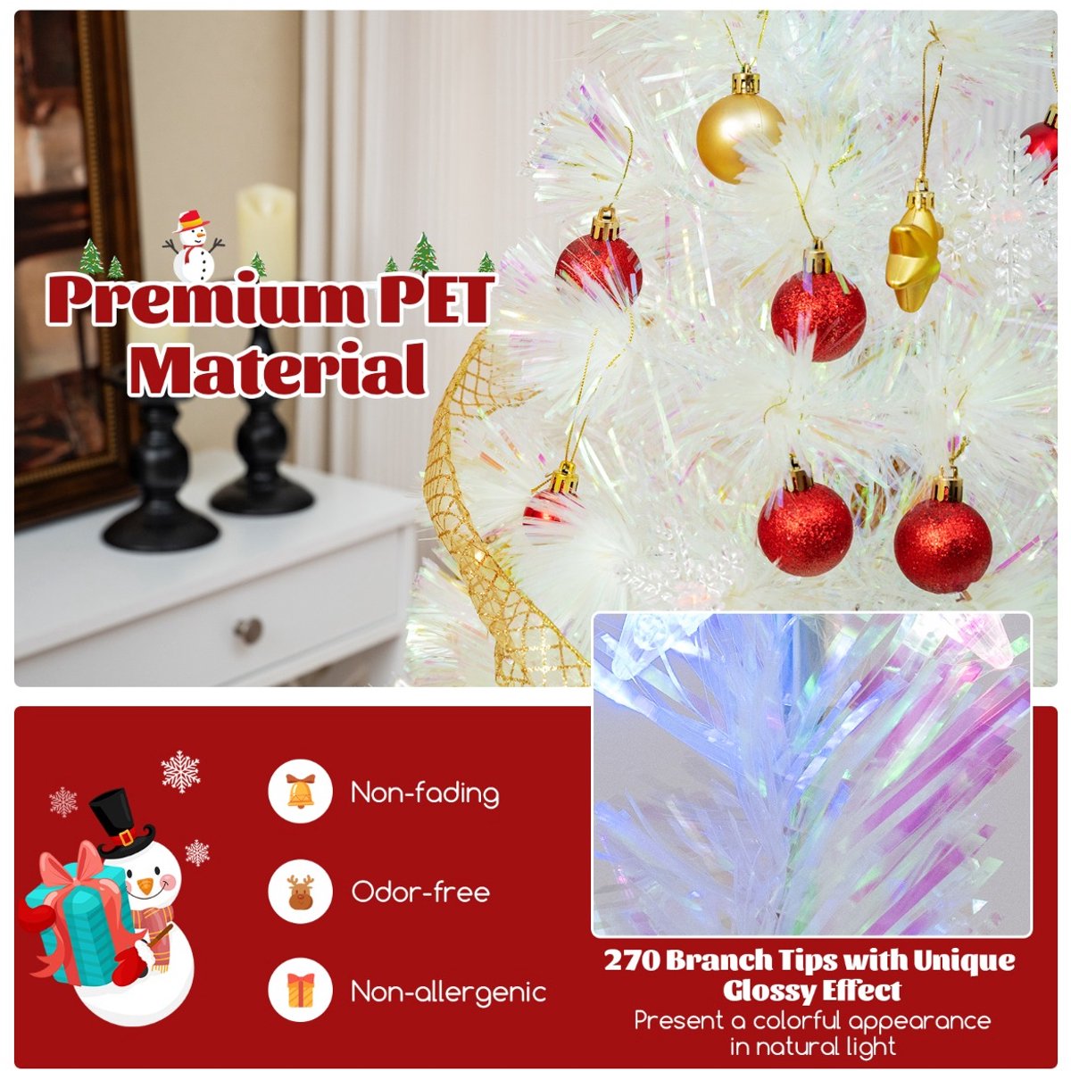 SureDeal® - Kerstbom - Kunstkerstboom - Kleurrijke LED lampen - Glasvezel - Sterpunt Wit - Wit