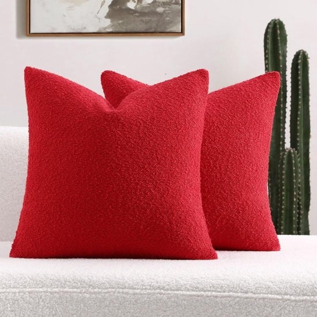 Decoratieve Kussenhoezen - Kussenslopen Set - Woonkamer Decoratie - Bouclé Stof Textuur - 60 x 50 cm - Rood