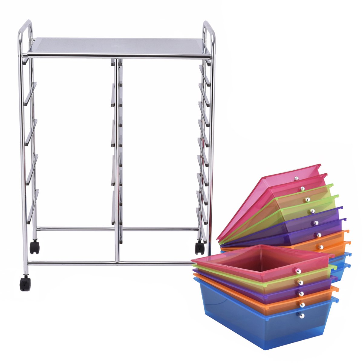 SureDeal® - Werkkamer - Rolwagen - Stapelbare Laden Ladewagen - Metalen - Legvlak Opbergwagen - Kantoor Woonkamer - 63x37x87 cm - Naturel