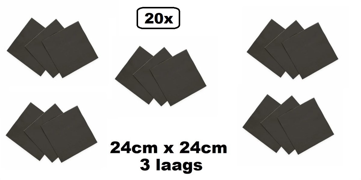 20 stuks Servetten zwart 24cm x 24cm - 3 laags - Party Cocktail servet diner eten knoeien restaurant BBQ thema feest verjaardag feest