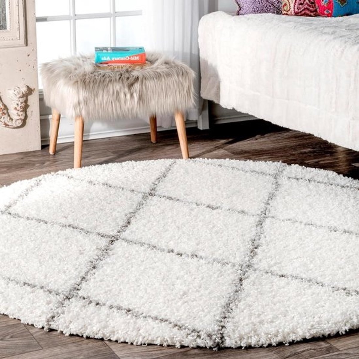 Marokkaans Shag Tapijt - Rond Vloerkleed - Woonkamer Decoratie - Hoogpolige Textuur - 183 cm Rond - Wit