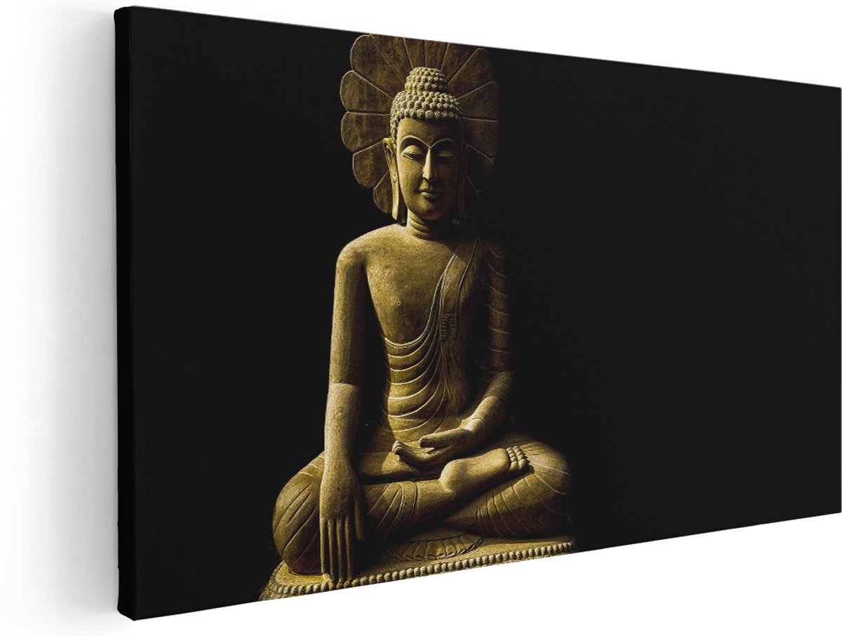 Artaza Canvas Schilderij Gouden Boeddha Beeld In Meditatie - 160x80 cm - Groot - Wanddecoratie Woonkamer - Schilderijen - Muurdecoratie