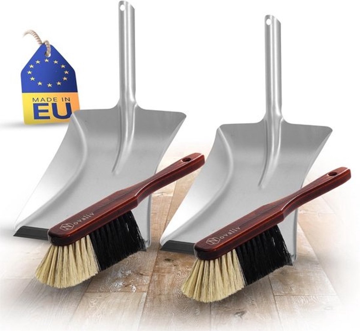 Rosshaar Veegset (2 stuks) met Stoffer en Blik | Houten Handvat en Rubberen Lip