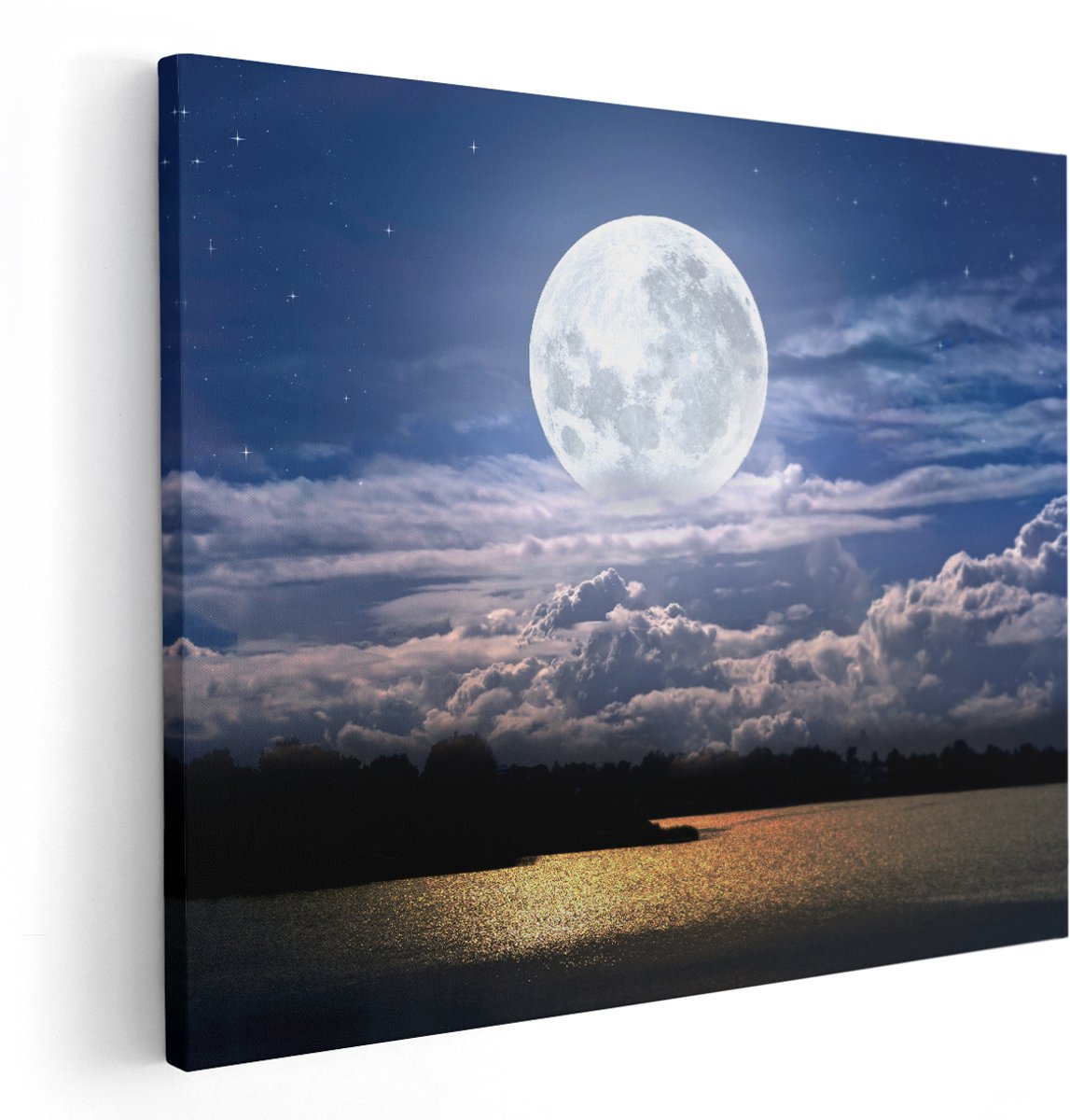 Artaza Canvas Schilderij Volle Maan bij het Water - 150x120 cm - Groot - Wanddecoratie Woonkamer - Schilderijen - Muurdecoratie