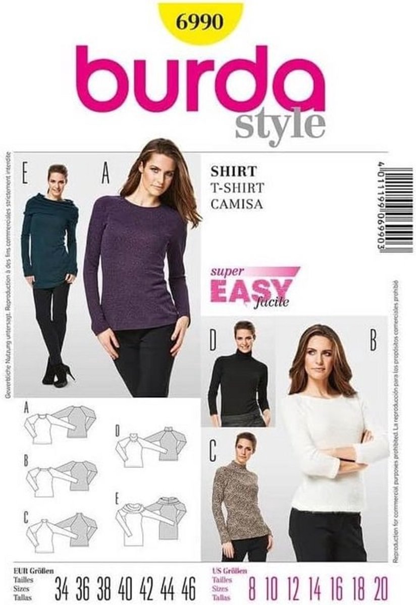 Naaipatroon voor Shirt met Raglanmouw of Coltrui Maten 34 t/m 46