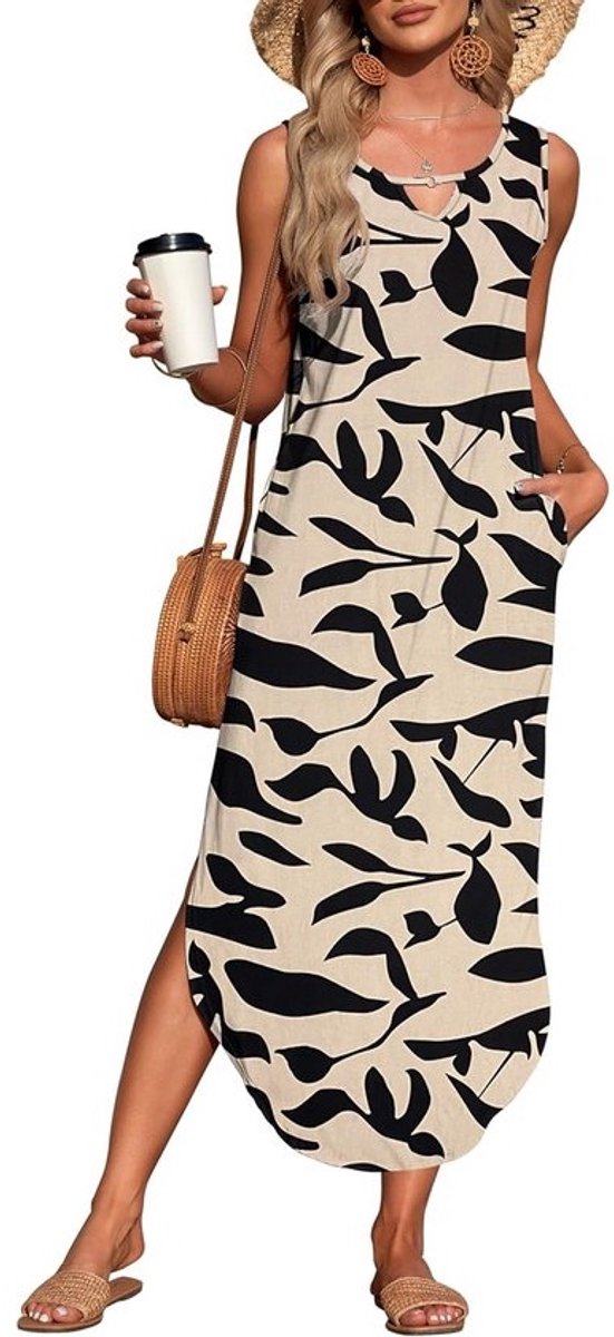 Dames Zomerse Maxi Jurk Halter Mouwloos Losse Strandjurk met Zakken