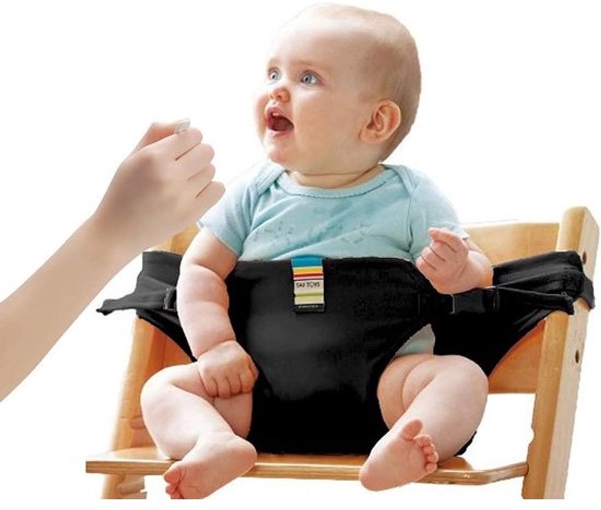 Veiligheidsharnas voor baby's en kinderen - draagbare voedingsverhoger geschikt voor alle eetkamerstoelen, zwart