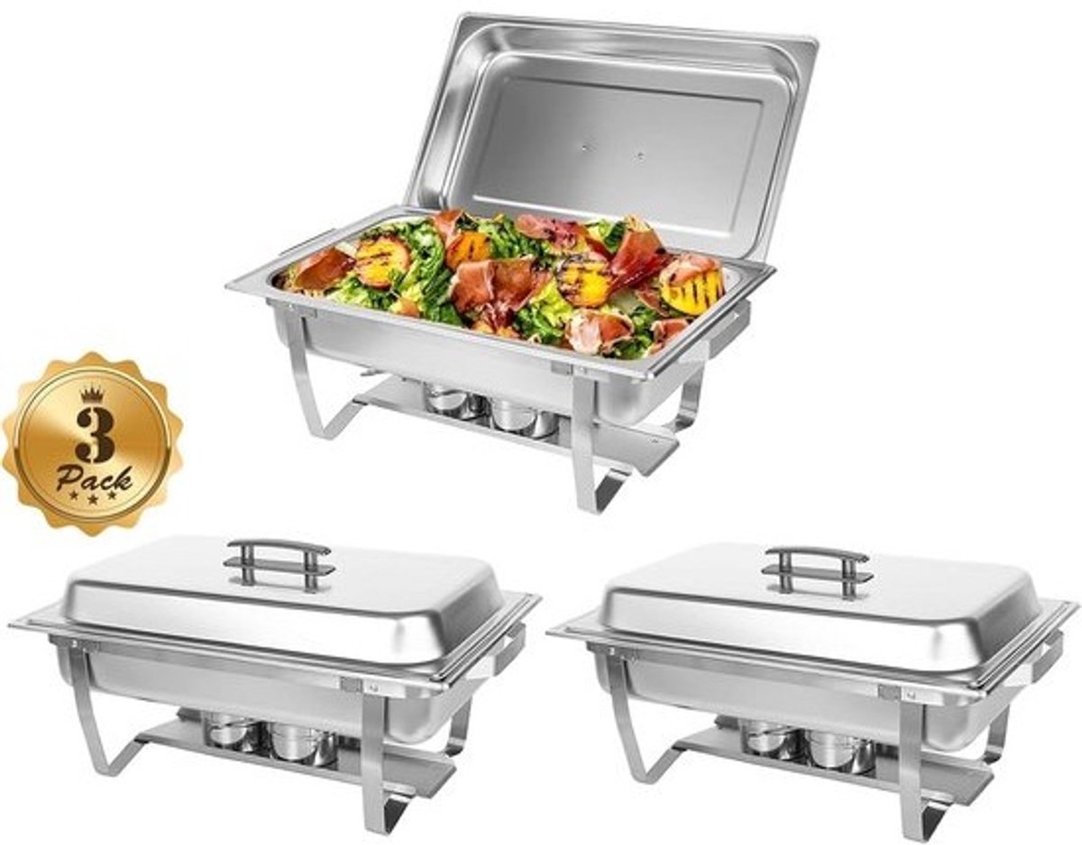 Set van 3 Buffethouders RVS Voedselwarmer met 3x 8L Pannen voor Catering