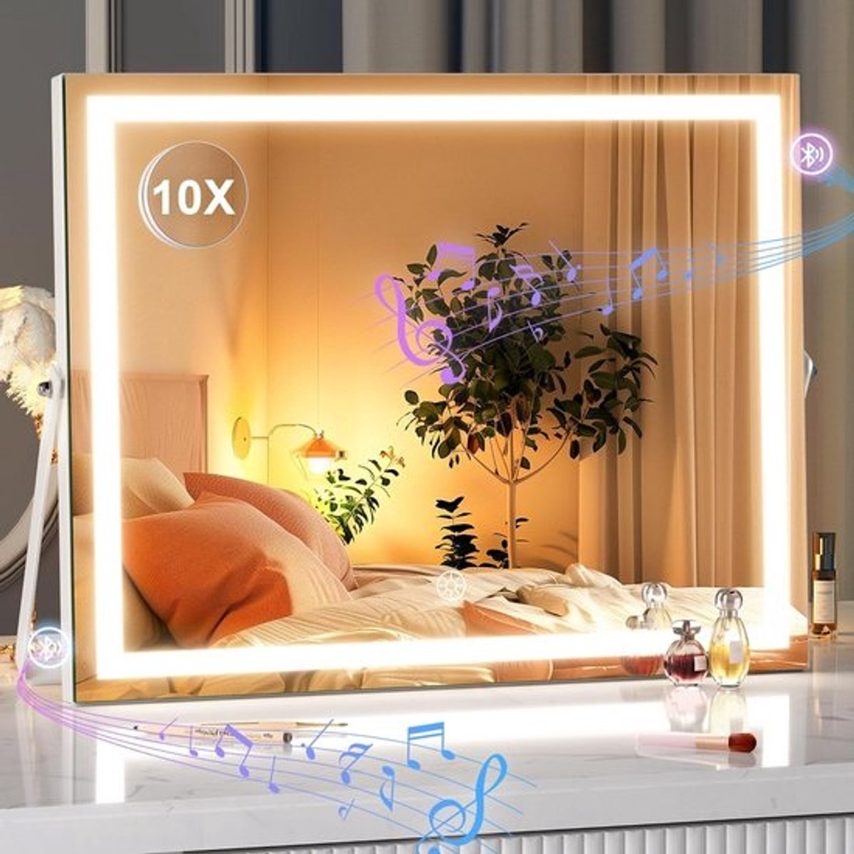Verlichte Make-up Spiegel met Bluetooth Speaker en 10x Vergroting - Dimbaar en Roteerbaar