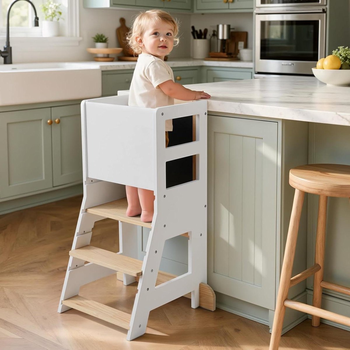 Leertoren Kinderen - Hulpje Keuken - Zelfstandig Leren - Dubbelzijdig Bord - In Hoogte Verstelbaar - Wit Houtkleur