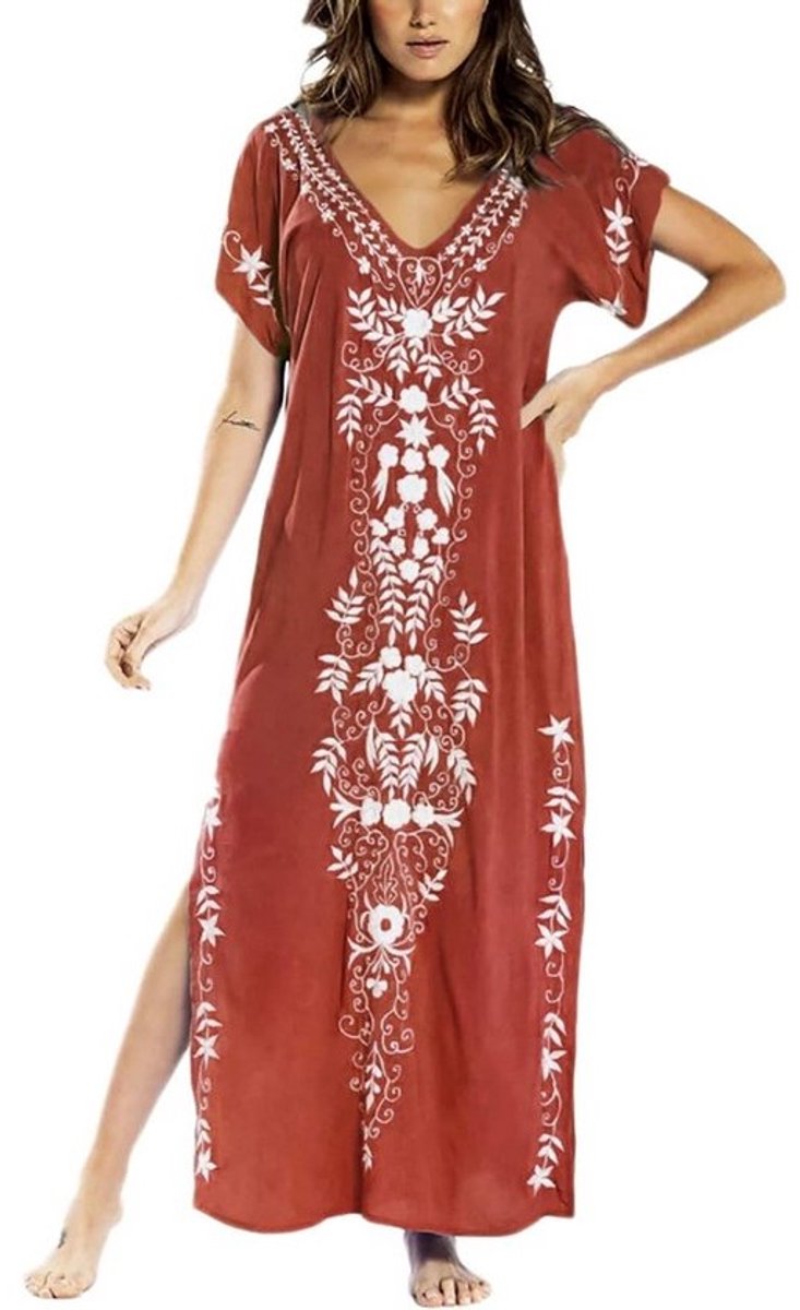 Korte Mouwen Strandjurk met Zijsplit en Borduurwerk - Comfortabele Swimsuit Cover-up