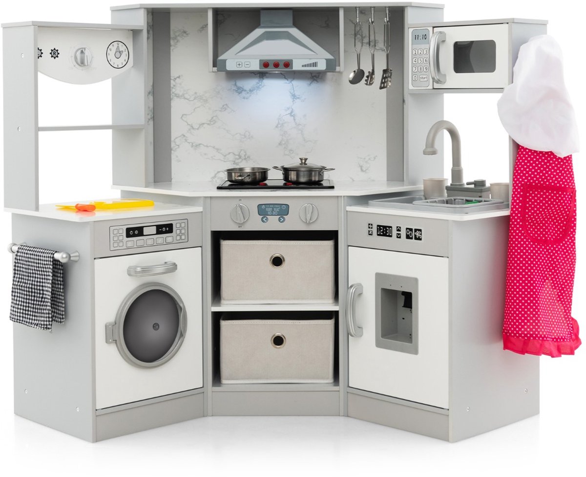 SureDeal® - Rollenspell - Speelkeuken - Kinderen Hoekkeukenset - Realistische Lichten - Geluiden Verlichte Kap - Kinderen - 102x51x85 cm - Grijs