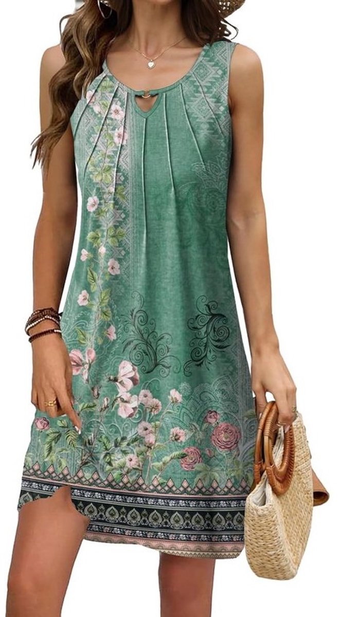 Dames Zomerjurk Bloemenprint Mouwloos Casual Mini Jurkje Strand