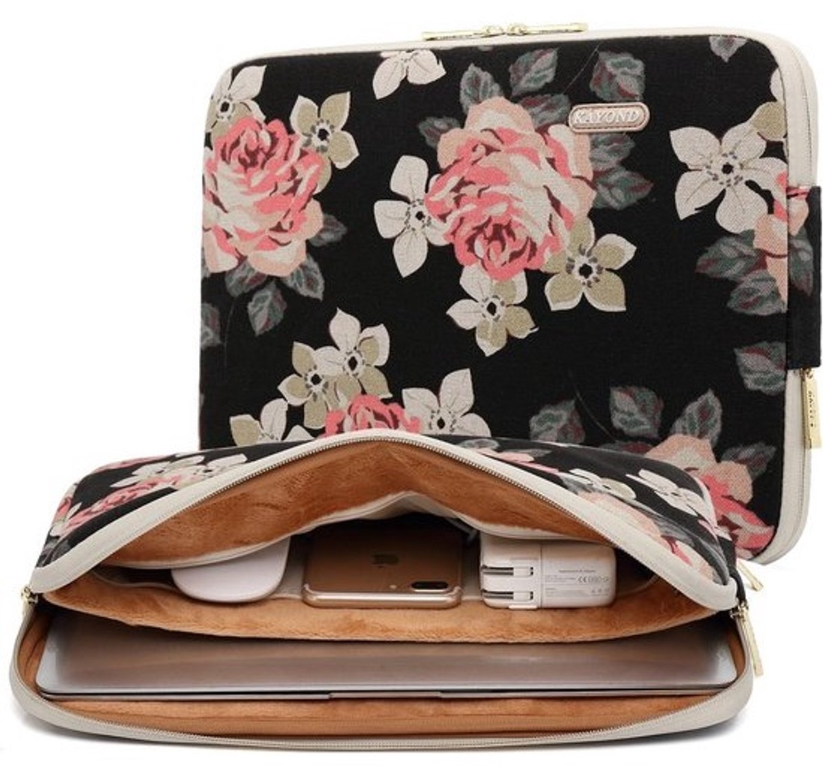 Waterdichte Laptoptas voor 14-14.1 Inch - Laptophoes met Rozenpatroon - Zwart/Roze