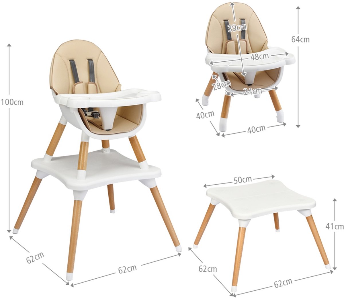 SureDeal® - Hoge kinderstoel - Babystoel Baby Houten - Punts Veiligheidsgordel Stappen - Kussen Kaki - 62x62x100 cm - Kaki+ +Wit