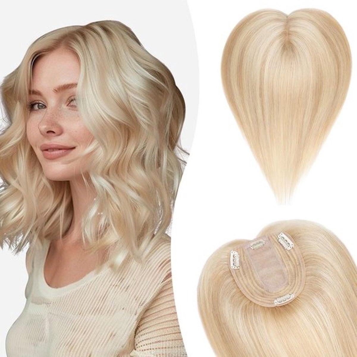 Haarstuk met topper voor dames, echt haar 25 cm met klemmetjes