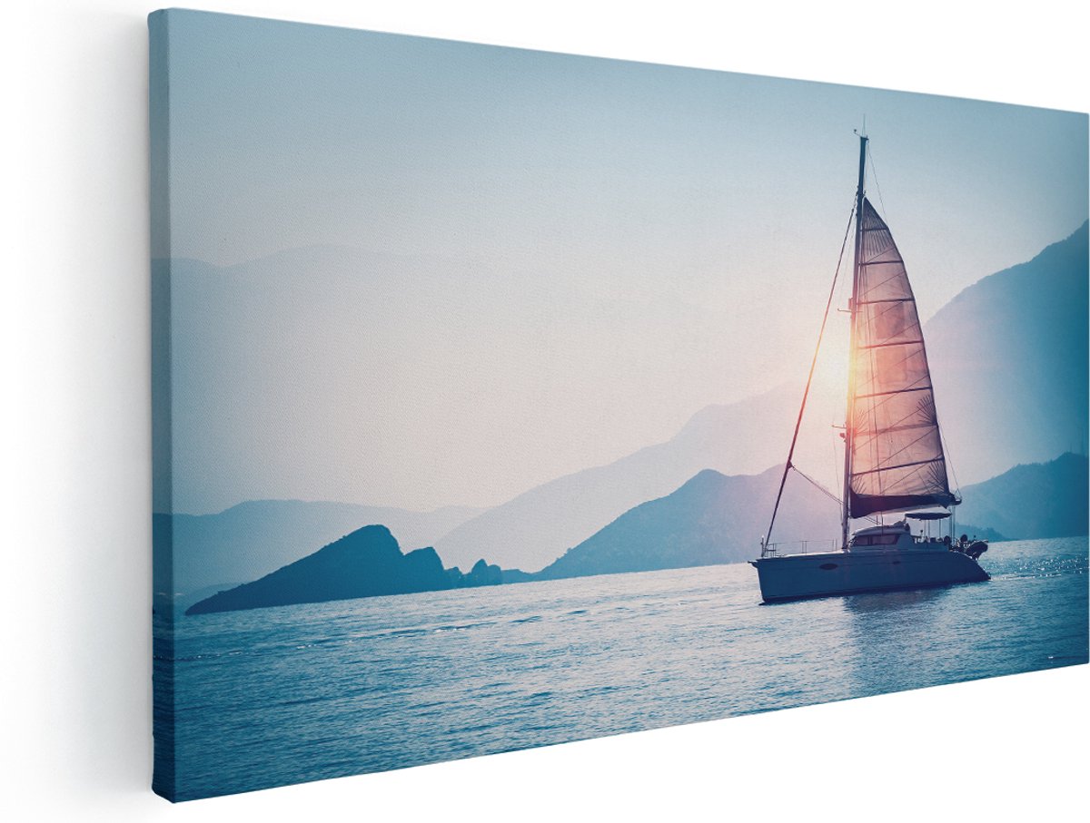 Artaza Canvas Schilderij Zeilboot bij Zonsondergang - 140x70 cm - Groot - Wanddecoratie Woonkamer - Schilderijen - Muurdecoratie