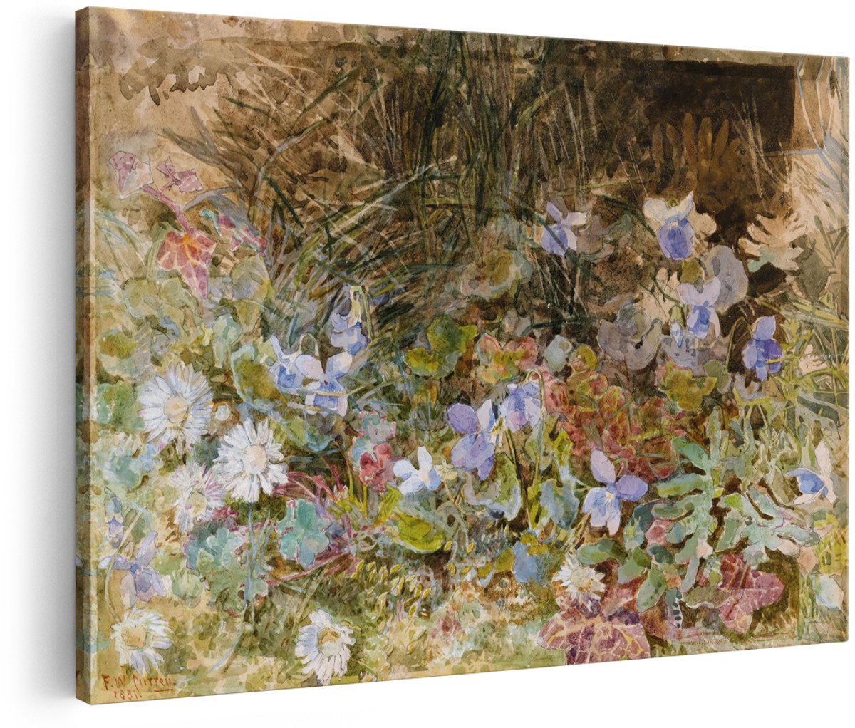 Artaza Canvas Schilderij Bloemen - 150x100 cm - Groot - Wanddecoratie Viooltjes - Muurdecoratie Madeliefjes - Vintage Aquarel Natuur - Schilderijen Op Canvas