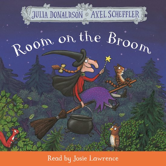 Boekcover van 'Room on the Broom' met een heks op een bezem, met een kat, kikker en rode eekhoorn, met bomen op de achtergrond.