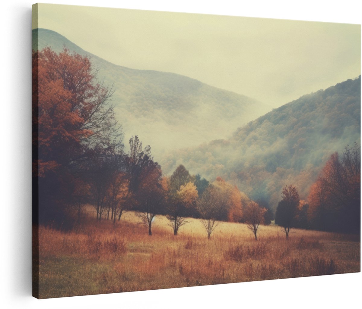 Artaza Canvas Schilderij Herfstlandschap - 150x100 cm - Groot - Wanddecoratie Mistige Bergen - Muurdecoratie Natuur - Decoratie Bomen Vintage