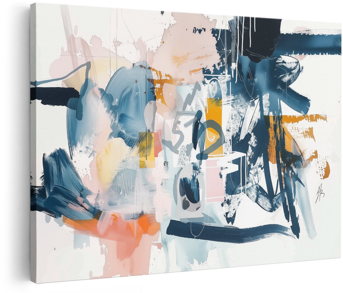 Artaza Canvas Schilderij Abstract Kunstwerk met Blauwe, Oranje en Gele Verf - 150x100 cm - Groot - Wanddecoratie Woonkamer - Schilderijen - Muurdecoratie