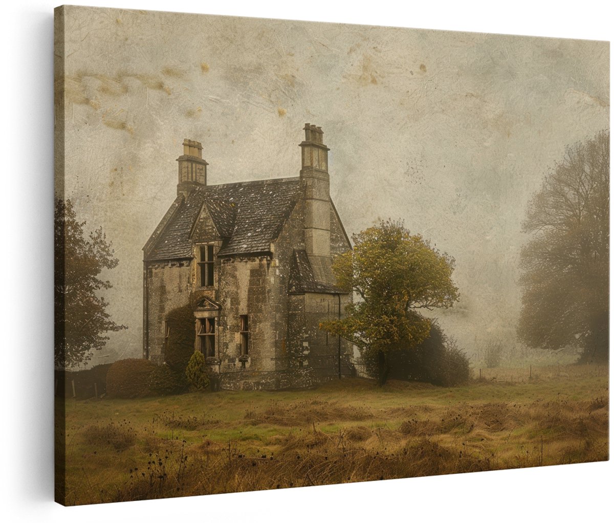 Artaza Canvas Schilderij Landelijk Landschap - 150x100 cm - Groot - Wanddecoratie Cottage - Muurdecoratie Herfst Natuur - Decoratie Vintage Mist