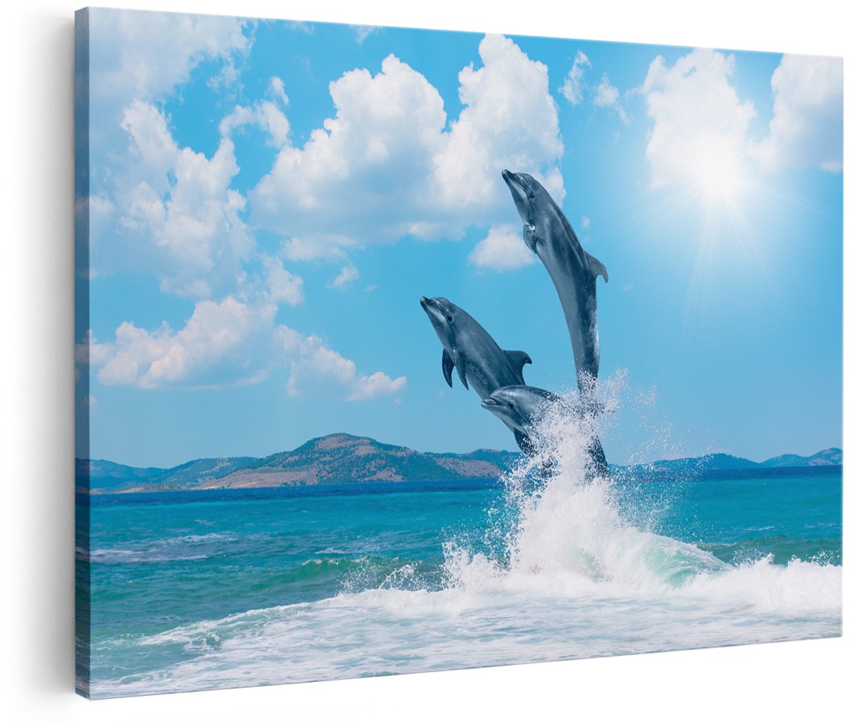 Artaza Canvas Schilderij Dolfijnen Springen uit het Water - 150x100 cm - Groot - Foto Op Canvas - Wanddecoratie Woonkamer