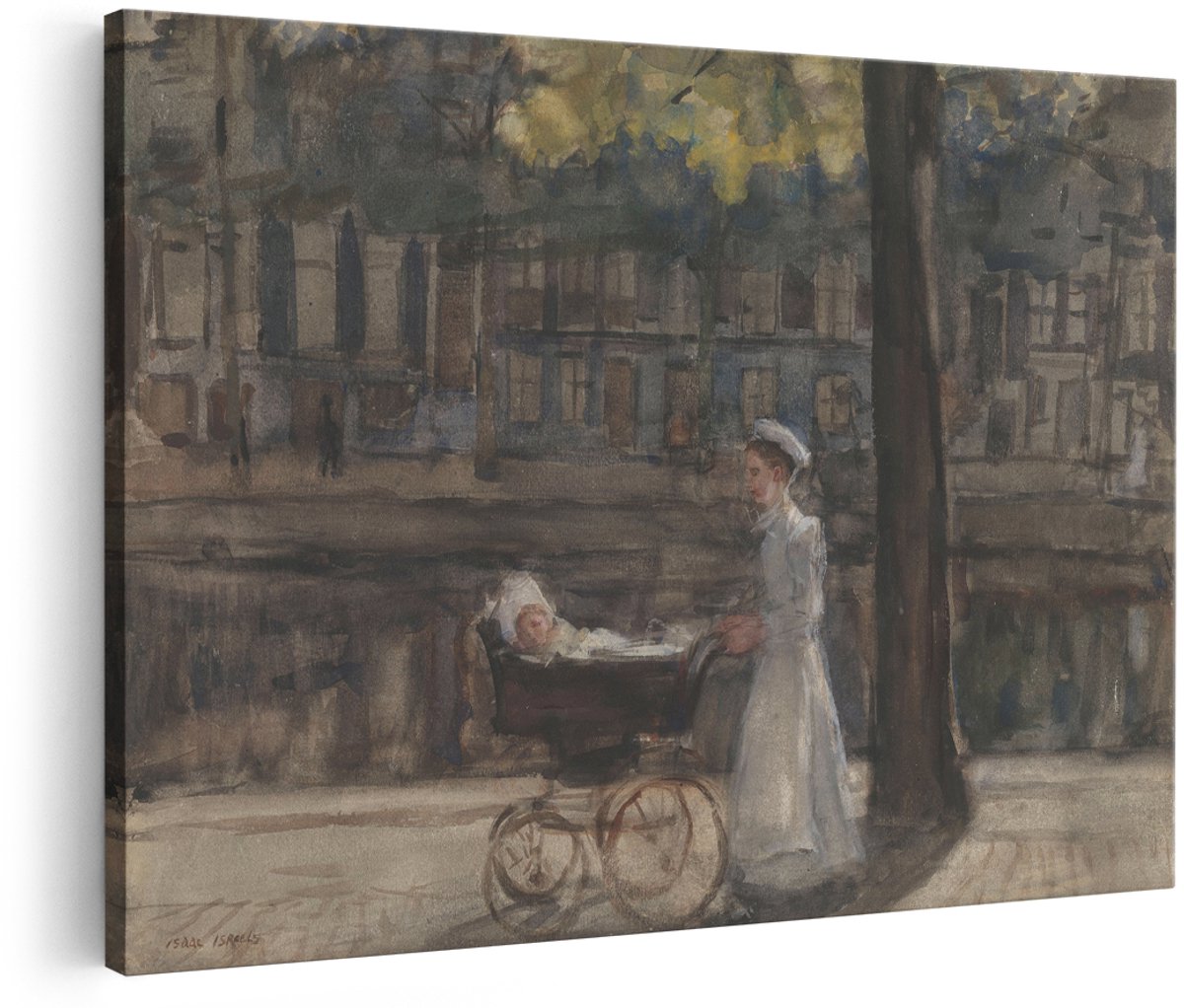Artaza Canvas Schilderij Dienstmeisje met Kinderwagen op de Keizersgracht - Isaac Israels - 150x100 cm - Groot - Kunst - Wanddecoratie