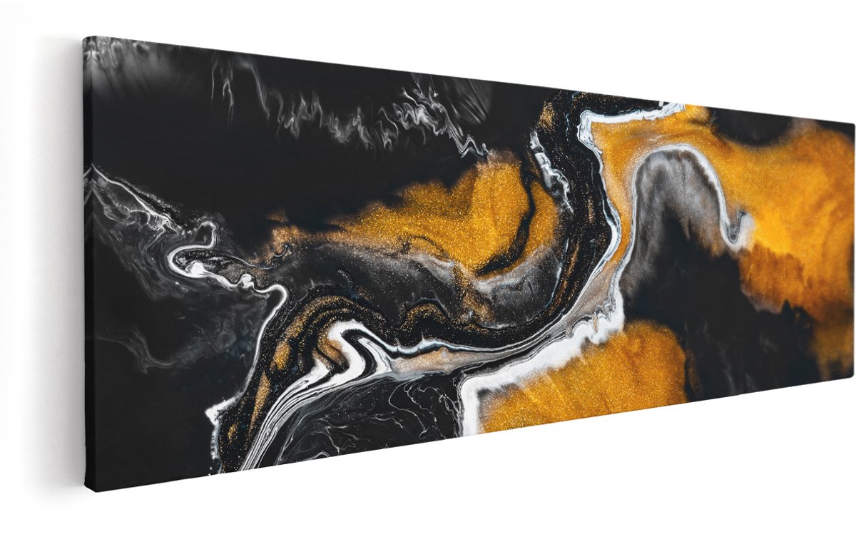 Artaza Canvas Schilderij Abstracte Kunst van Zwarte Gouden Verf - 150x50 cm - Groot - Wanddecoratie Woonkamer - Schilderijen - Muurdecoratie