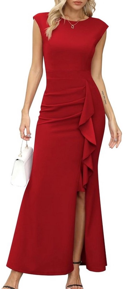 Elegante Avondjurk Maxi met Vleugelmouwen en Split - Cocktail en Galajurk