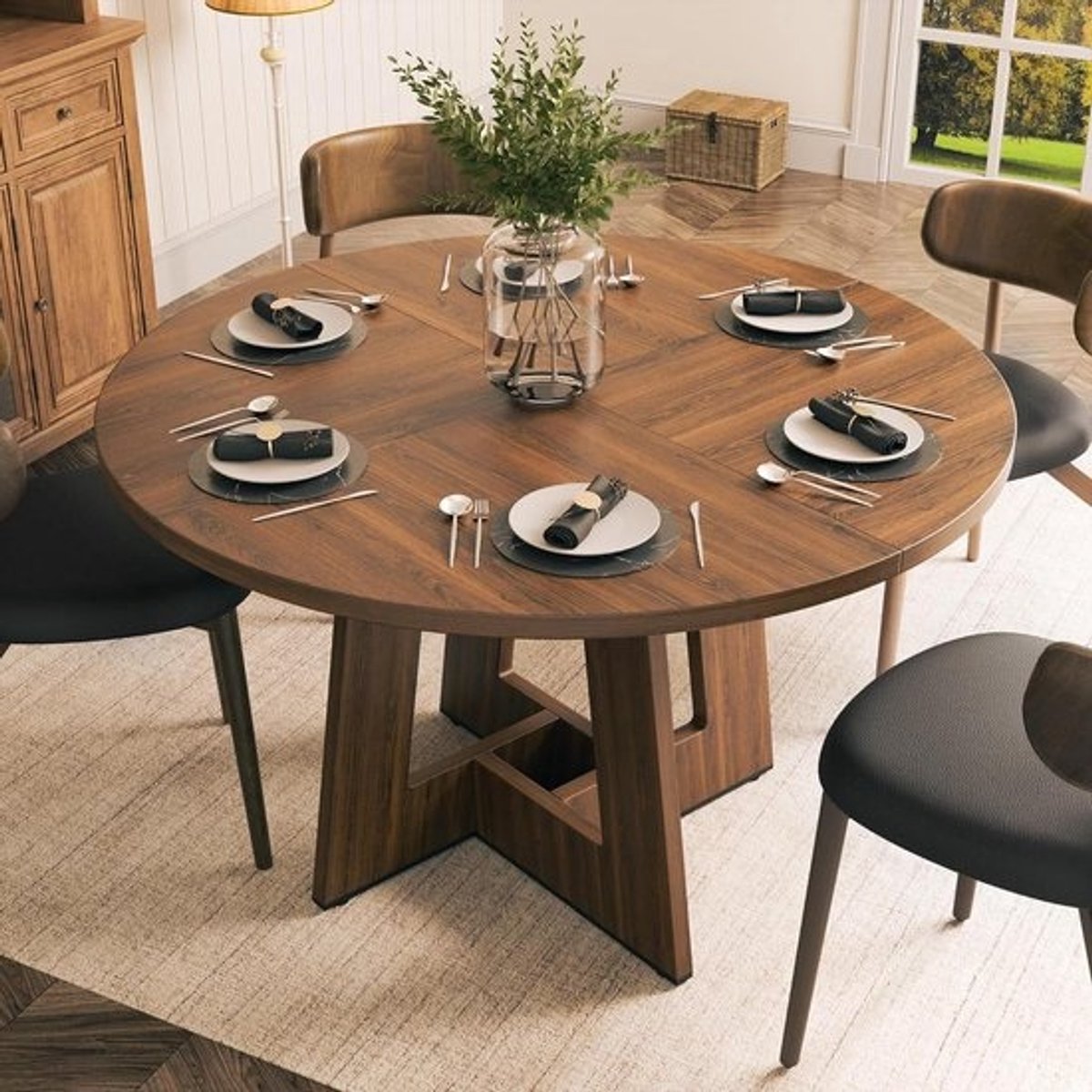 Ronde Eettafel - Eetkamertafel Keukentafel - Gezellig Tafelen - Geometrisch Onderstel - 120 cm - Rustiek Bruin