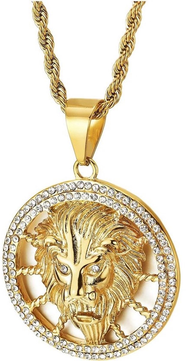 Grote Leeuwenkop Hanger Halsketting met Zirkonia - Goudkleurig Roestvrij Stalen Kettinkje voor Dames en Heren