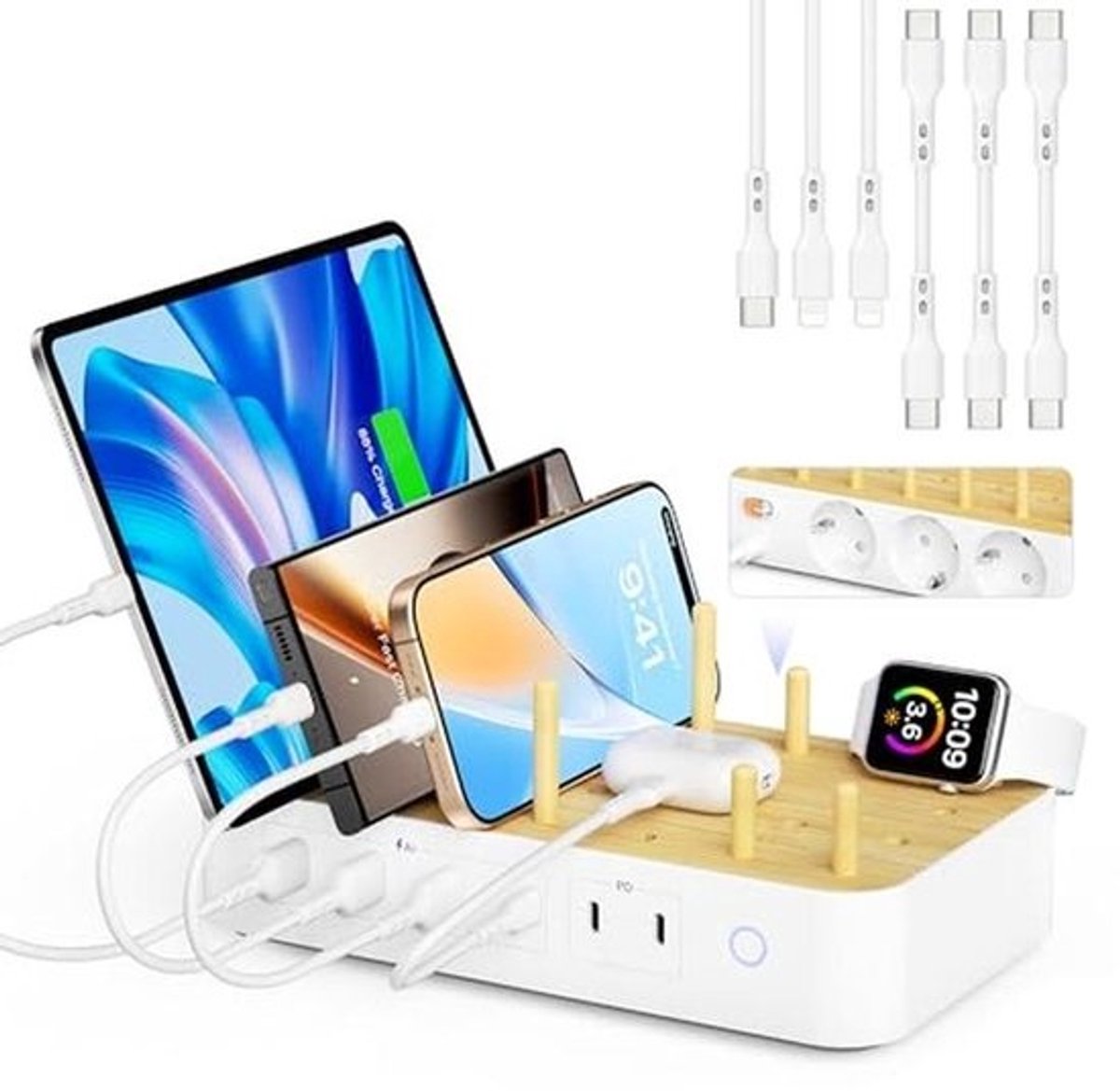 60W 6-poorts USB-C Multi-Device Oplaadstation met Maak gebruik van 3 stopcontacten en 6 gemengde kabels