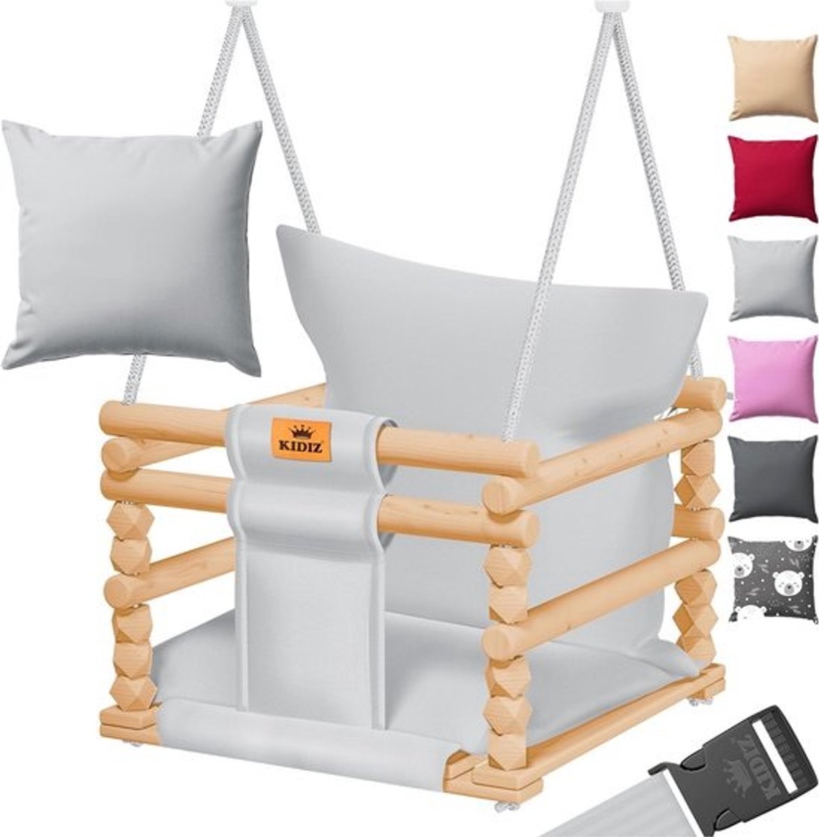 Houten Babyschommel voor Binnen en Buiten - Verstelbaar Zitje en Bekleding - Geschikt voor Baby's en Peuters (6 maanden tot 3 jaar)