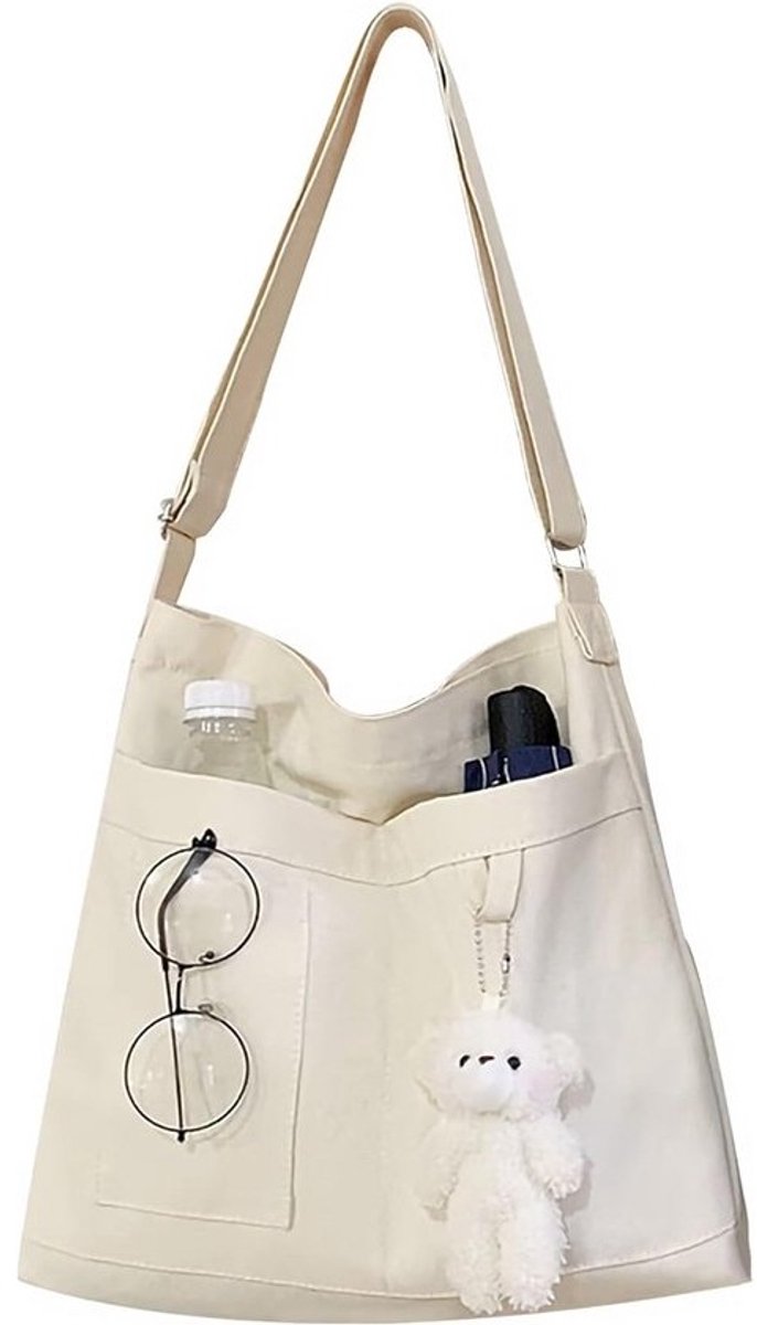 Grote Canvas Tas met Rits en Vakken - Casual Schoudertas voor Dames
