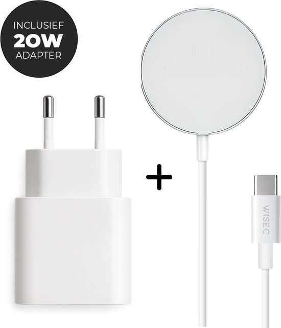 Een witte 20W adapter, een plus-symbool, en een witte ronde draadloze oplader met USB C kabel.