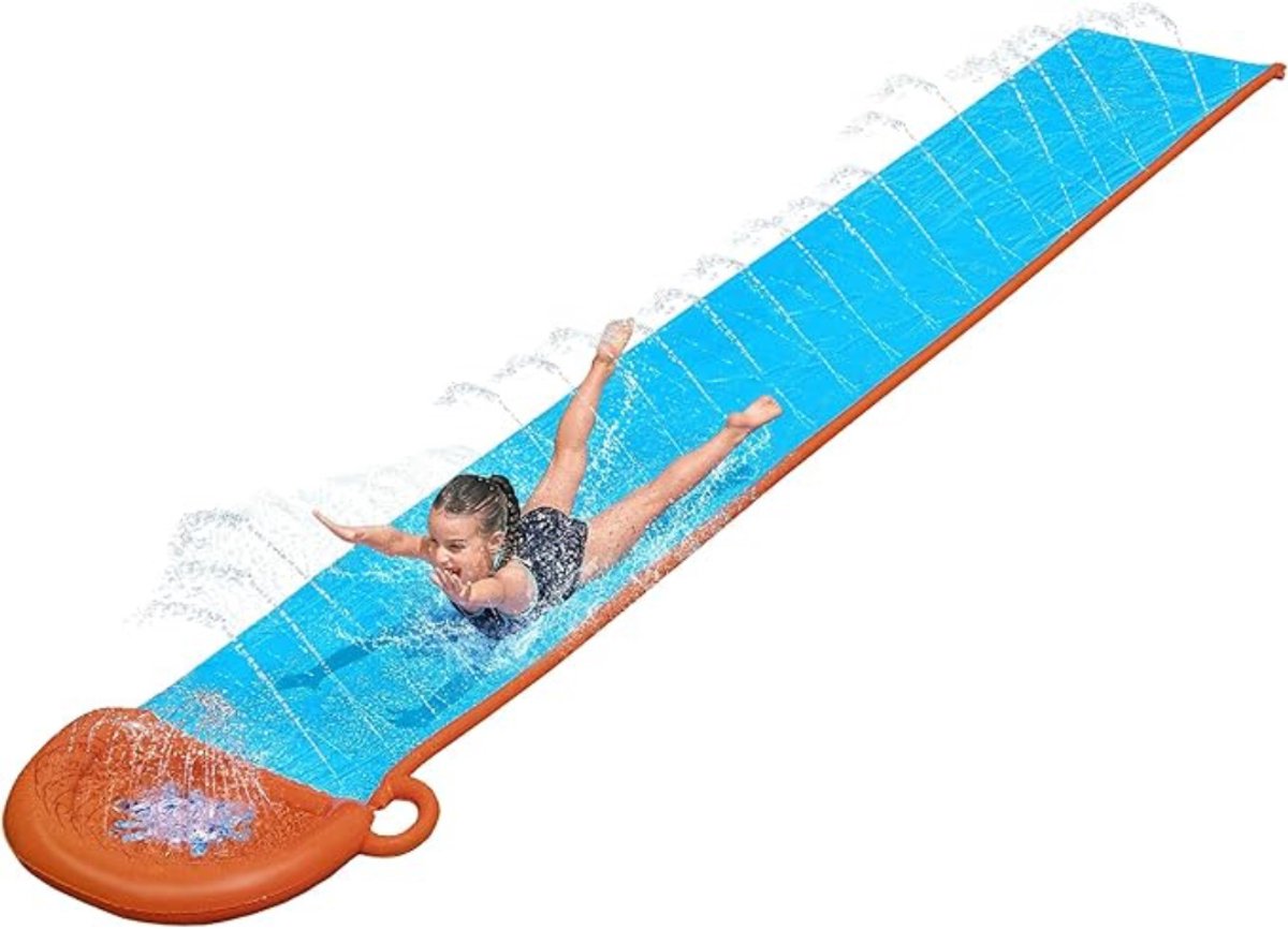 Thuys - Opblaasbare Waterslide 448cm met Ingebouwde Sproeiers - Blauw/Geel - Max. 50kg - voor Kinderen vanaf 5 Jaar - Tuinplezier