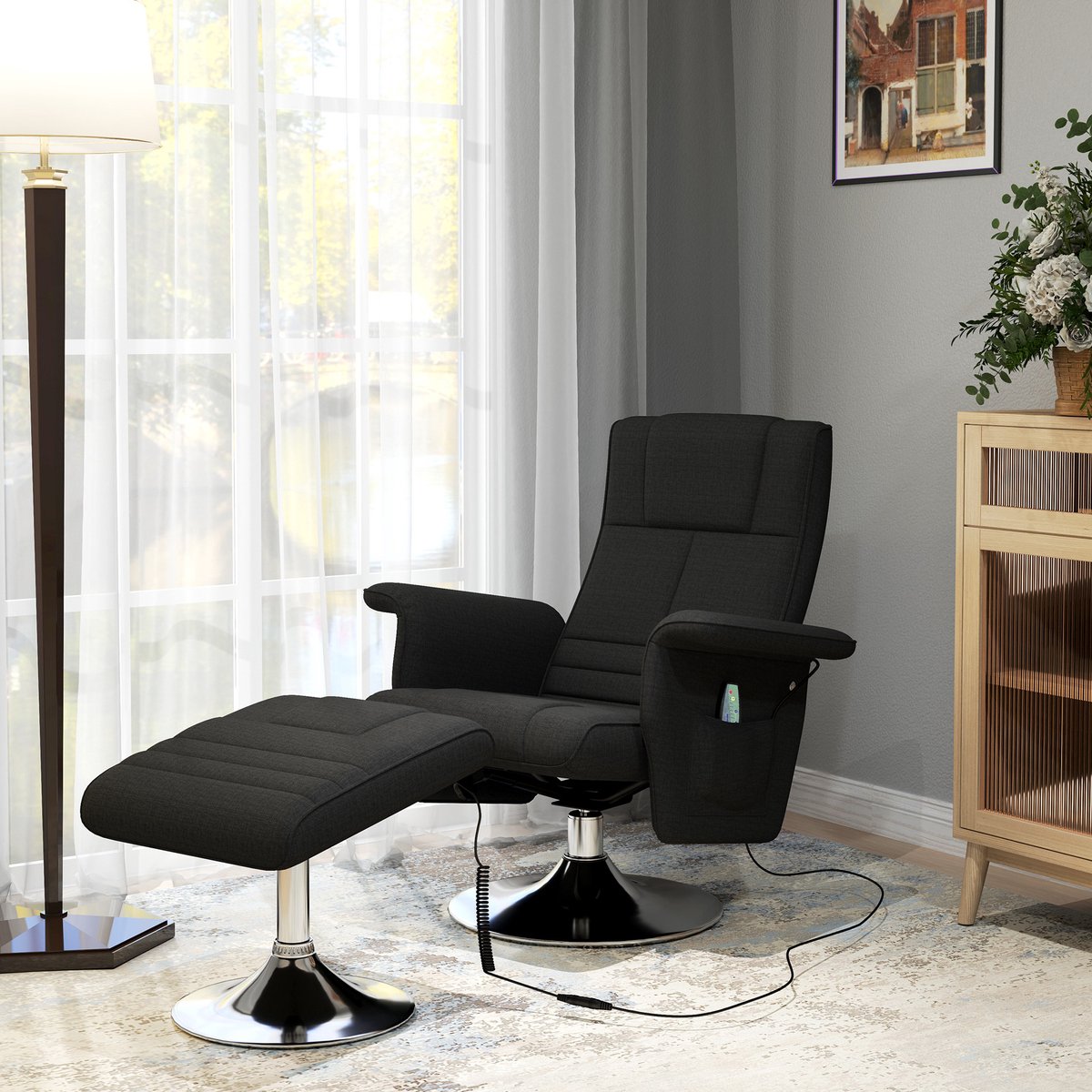 OKWISH Relaxfauteuil Met Voetenbank – Elektrisch Draaibaar – Met 8-Punts Vibratiemassage En Afstandsbediening – Voor Woonkamer En Tv-Kamer – Stof – Zwart