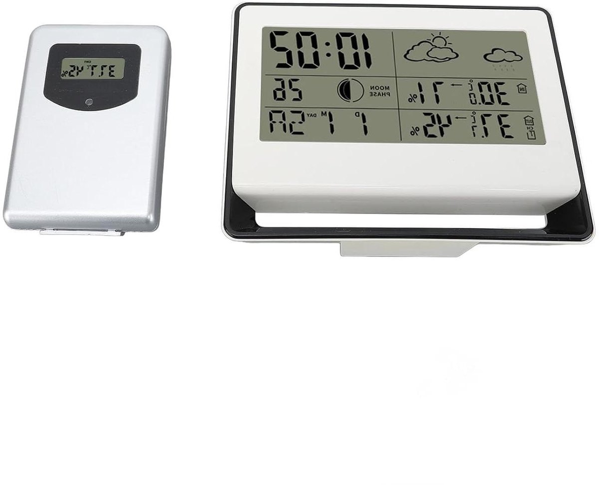 Draadloze Binnen Buiten Thermometer - Digitale Hygrometer Klok - Klimaat Monitoren - Met Weersvoorspelling - 16cm x 12.5cm - Wit