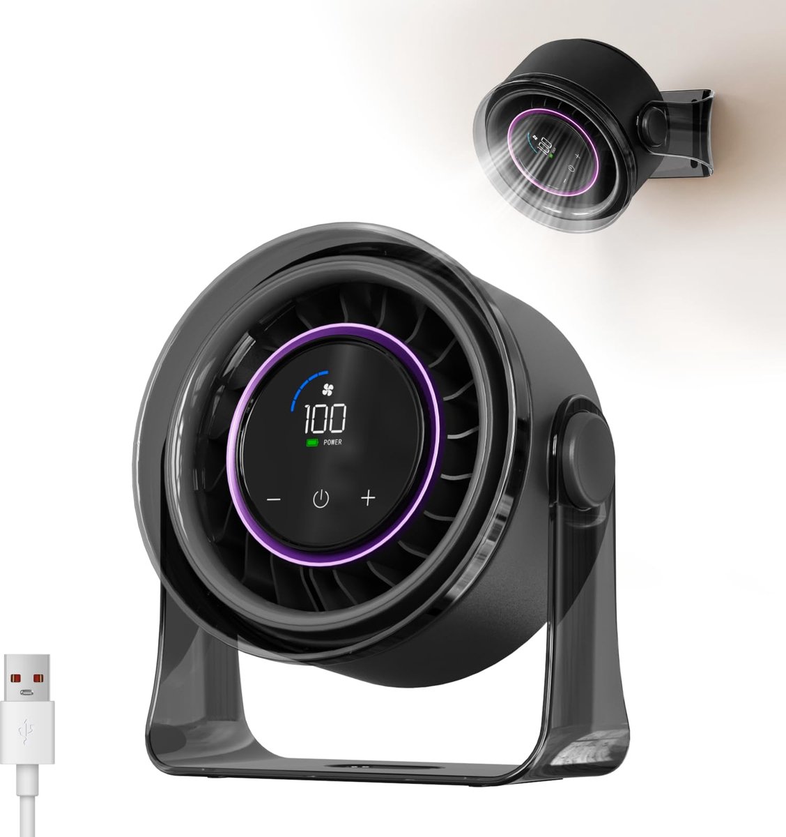 SnelShoppen - Oplaadbare USB Bureauventilator, Draagbare Stille Tafelventilator met 100 Snelheden, 360° Rotatie, Wandmontage, LED-display voor Slaapka