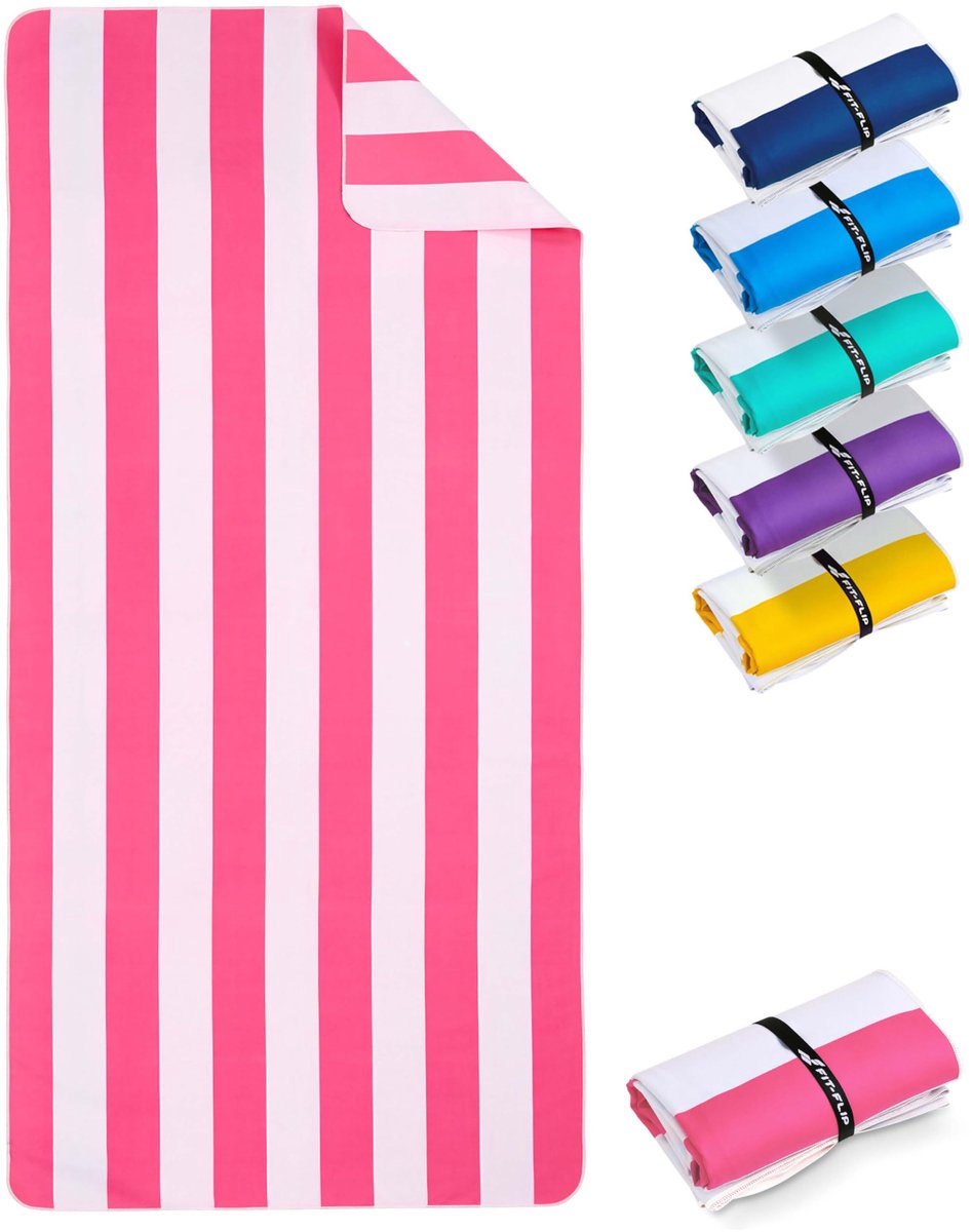 SnelShoppen - Fit-Flip XXL Stranddeken - Grote Microvezel Strandhanddoek - Lichtgewicht Sneldrogend - 100% Gerecycled - Pink-Wit Gestreept 200x90cm -