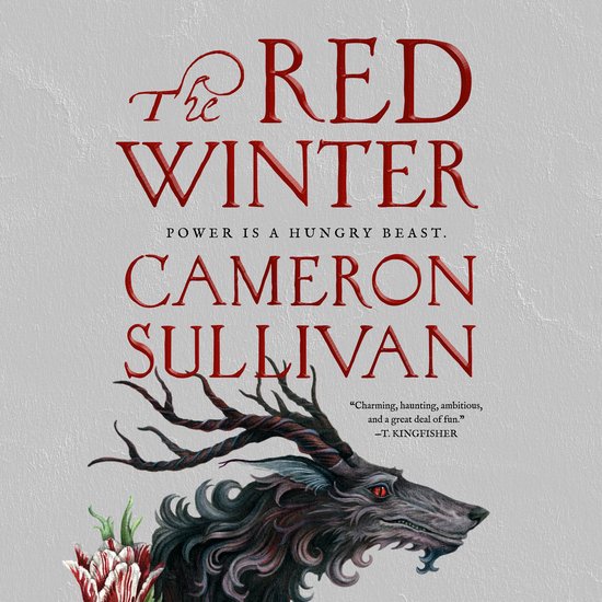 Boekcover met rode, sierlijke letters 'The Red Winter'. Onder de titel een afbeelding van een wolfachtig wezen met geweien en rode ogen, en bloemen.