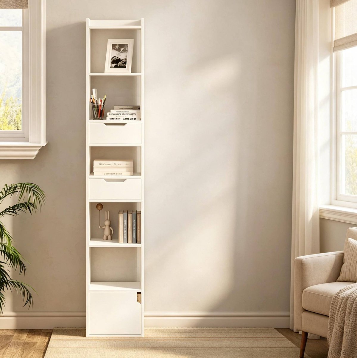 MIVRAY Boekenkast – Hoog En Smal Met Open Vakken En 2 Lades – 33 x 24 x 181 cm – Hout – Wit – Opbergkast Voor Woonkamer Of Kantoor