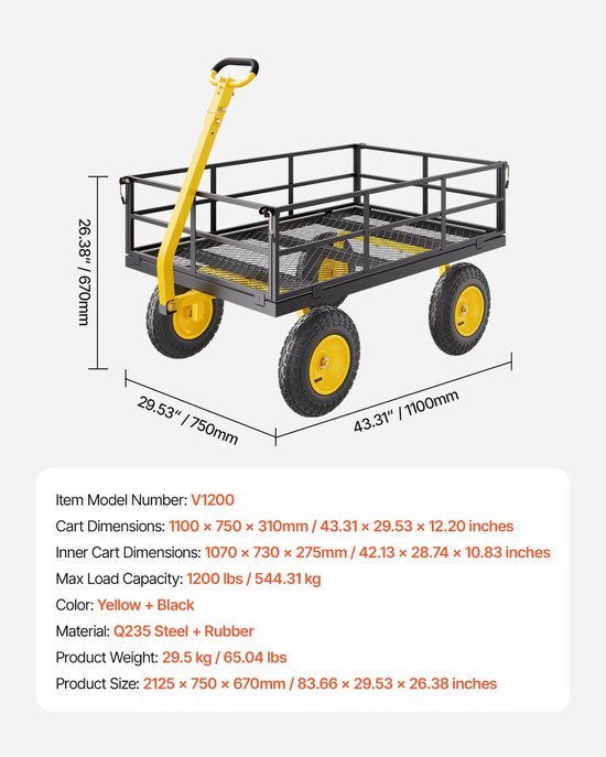 Bolderkar - Transportwagen Tuinwagen - Zware Lasten Verplaatsen - Afneembare Zijpanelen - 54431 kg draagvermogen - Geel Zwart van Bolderkar — afbeelding 5