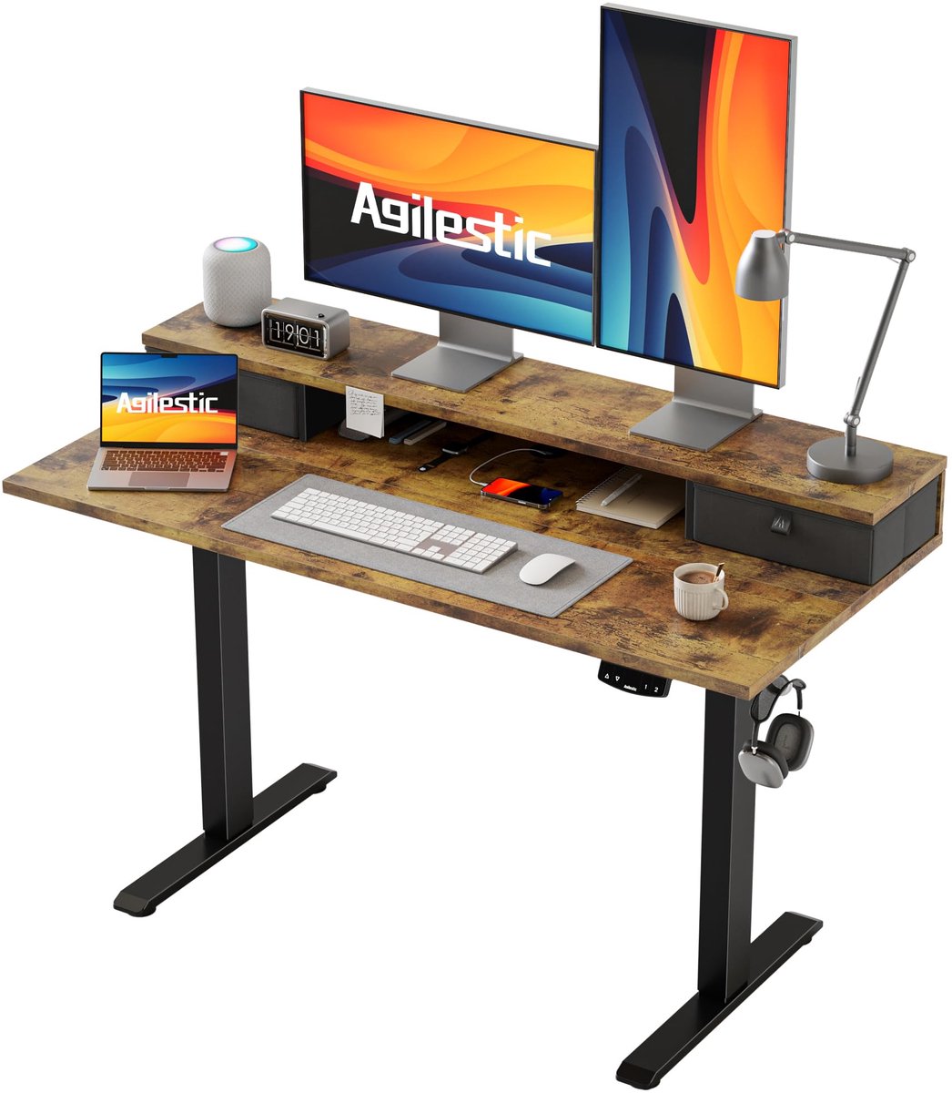 SnelShoppen - Agilestic Bureau met Elektrische Hoogteverstelling, 120x60 cm, Bruin, 2 Lades, Gametafel, Computertafel, Geheugenfunctie voor 2 Hoogtes,