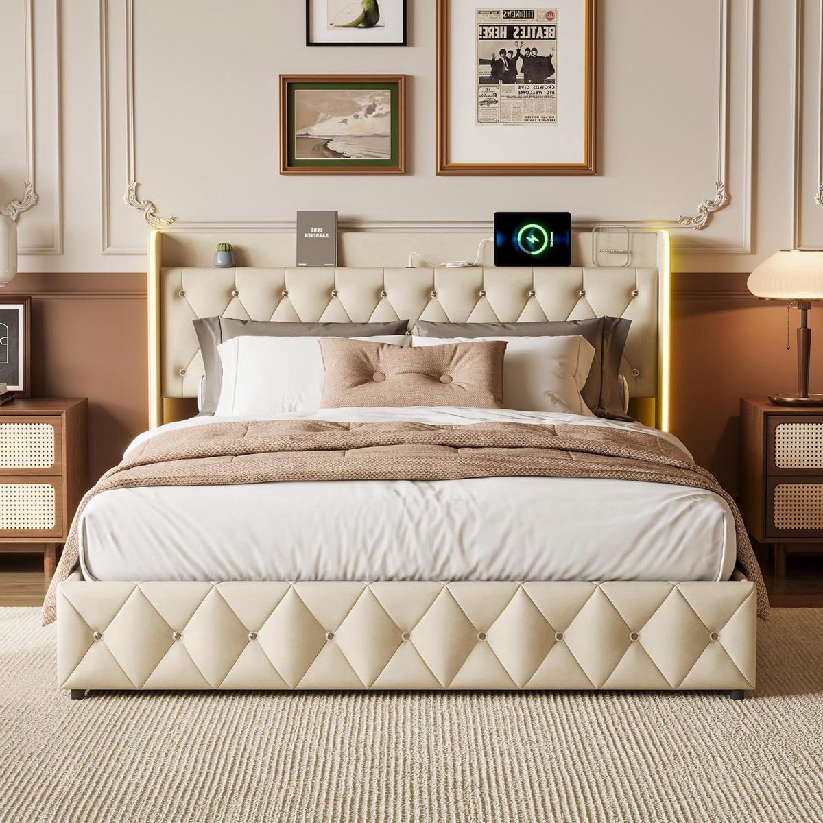 Gestoffeerd Bed - Tweepersoonsbed Frame - Slaapkamer Inrichten - Met LED en USB - 140 x 200 cm - Beige
