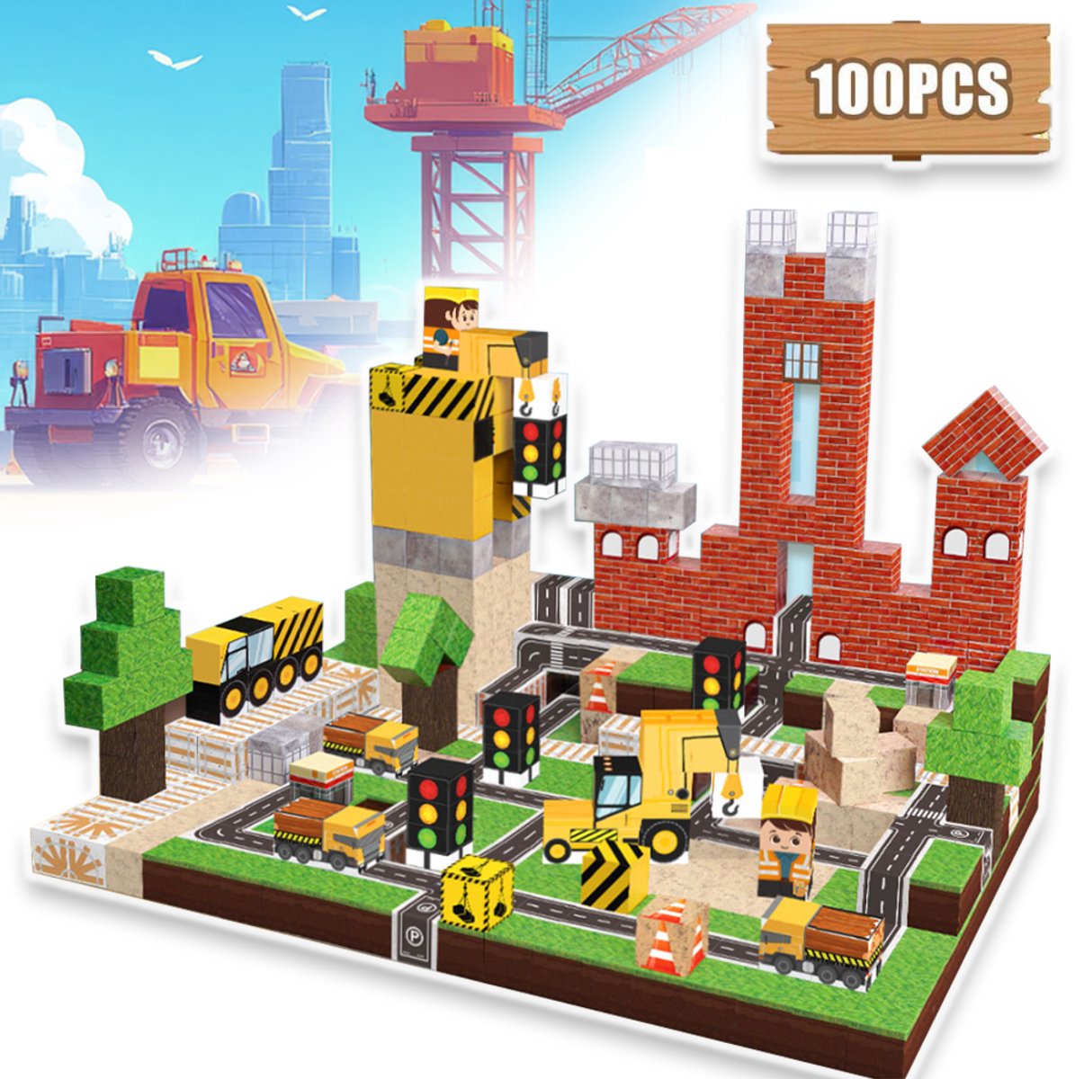 Bouwplaats Magnetische Blokken Set 100 Stuks - STEM Montessori Leren Realistisch Technisch Thema Niet-Giftig ABS - Ideaal Verjaardagscadeau Voor Jongens & Meisjes